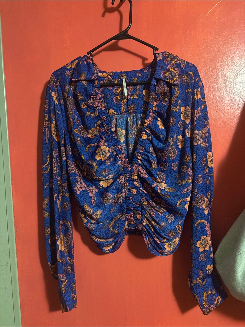 Free People Blue Floral Ruched V-Neck Blouse